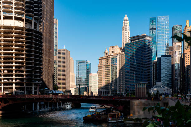 istock Chicago river and skyline with business skyscrapers and parking deck 1952113033