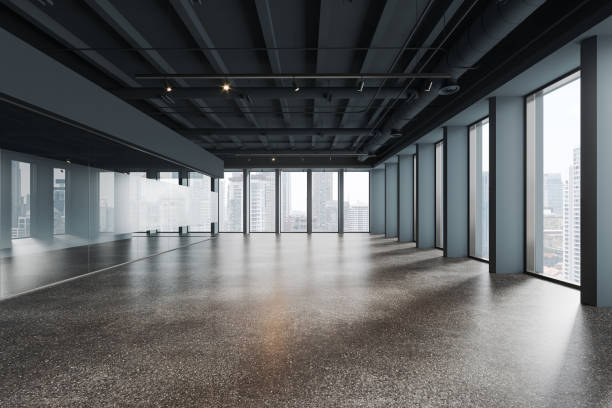 istock Blue empty conference interior with columns and glass room, panoramic window 1952113574
