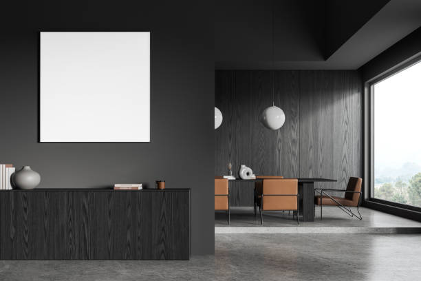 istock Black home living room interior with dresser and panoramic window, mockup frame 1952116807