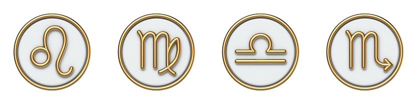 Golden zodiac signs Lion Virgin Balance Scorpion 3D rendering illustration isolated on white background