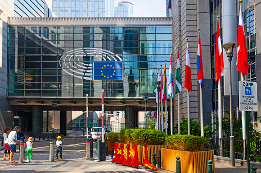Brussels, Belgium - June 5, 2022: Exterior of the building of the European Parliament in Brussels, Belgium. it exercises the legislative function of the EU.