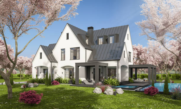 istock 3d rendering of new concrete house in modern style in spring day 1952123358