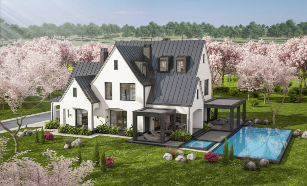 3d rendering of new concrete house in modern style in spring day