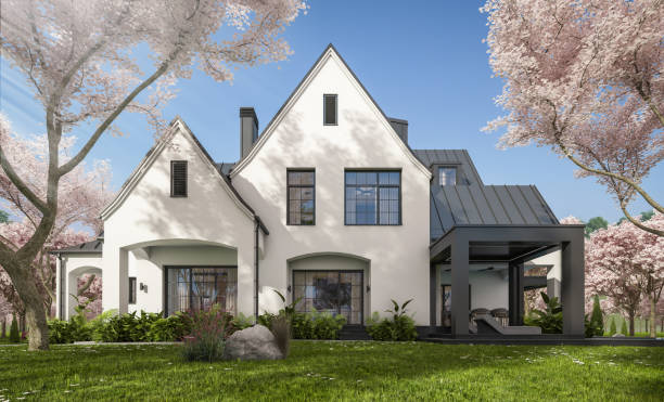 istock 3d rendering of new concrete house in modern style in spring day 1952123376