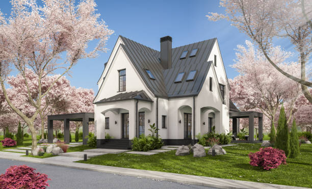istock 3d rendering of new concrete house in modern style in spring day 1952123377