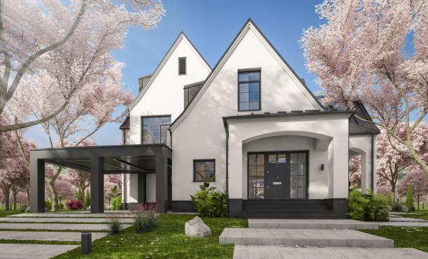 istock 3d rendering of new concrete house in modern style in spring day 1952123380