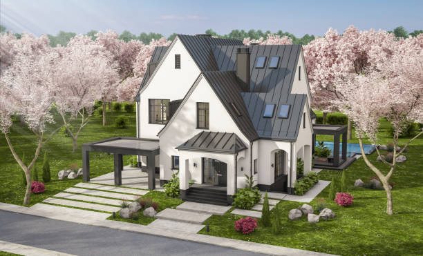 istock 3d rendering of new concrete house in modern style in spring day 1952123667