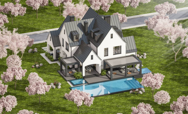 istock 3d rendering of new concrete house in modern style in spring day 1952123823
