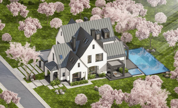 istock 3d rendering of new concrete house in modern style in spring day 1952123896