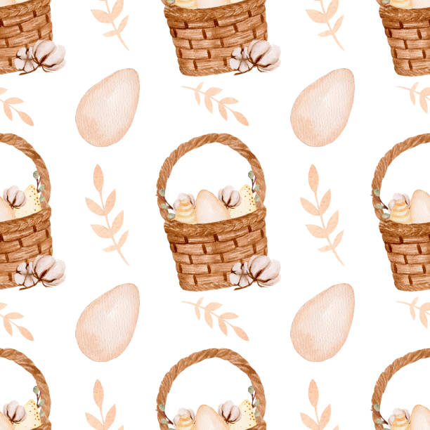 illustrazioni stock, clip art, cartoni animati e icone di tendenza di modello primaverile ad acquerello, con cesto pasquale con uova, salice e cotone su sfondo bianco. - easter traditional culture backgrounds basket