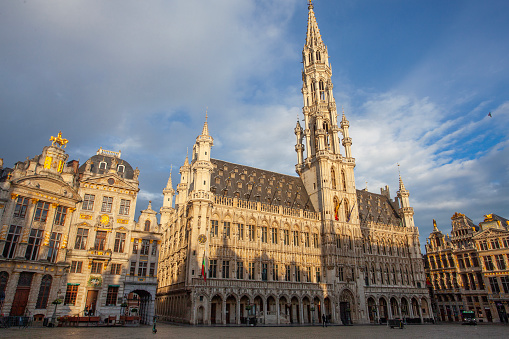 Brussels, Belgium - June 05, 2022: Panorama of The Grand Place in Brussels on the main square f, the World Heritage Site by UNESCO, taken early morning