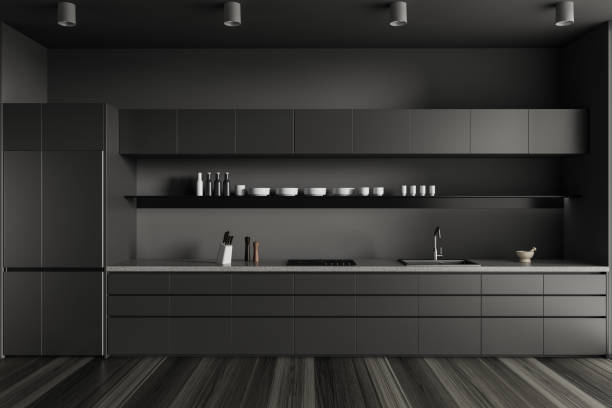 istock Dark home kitchen interior with shelves and kitchenware, cooking space 1952127841
