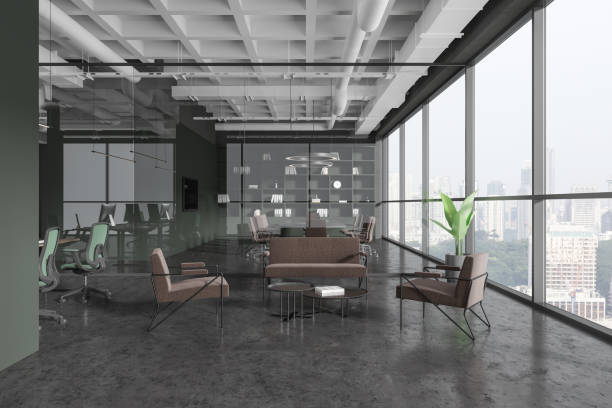 istock Grey office interior with chill and glass meeting room, panoramic window 1952131638