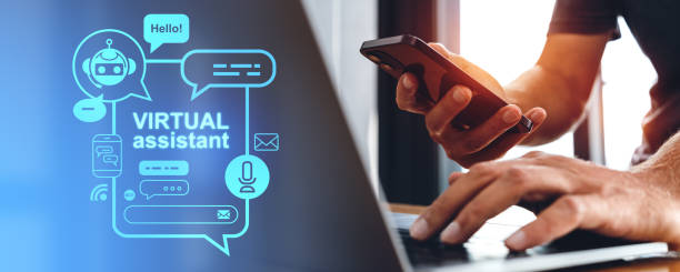 istock Man hands using phone and laptop, virtual assistant hologram with messages 1952135337