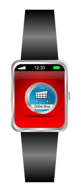 istock Smartwatch with blue online Shop Button - 3D illustration 1952139153