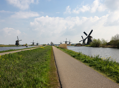 typical Dutch windmill along the Kagerplassen, a system of peat lakes in the north of the province of South Holland, which is used as a recreation area and fishing ground; Warmond, Netherlands