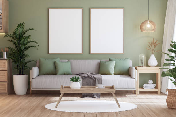 istock Empty picture frame for copy space on the pastel green wall In a modern contemporary style living room 3d render 1952146103