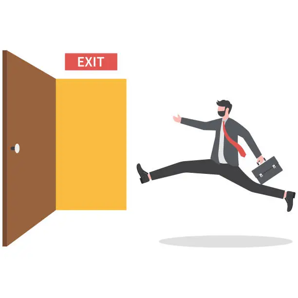 Vector illustration of Quit routine job, leaving or escape way for business dead end to be success or exit from work difficulties concept, businessman worker in suit running in hurry to emergency door with the sign exit.