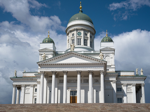 White Helsinki Cathedral in Summer under blue skyscape. Hasselblad X2D 100 MPixel Shot of the iconic Helsinki Cathedral with historic 19th century Evangelical Lutheran Cathedral. Old Town Helsinki in Summer, Kruununhaka, Finland, Nordic Countries, Northern Europe