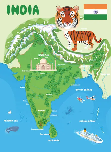 Vector illustration of India map and Tiger