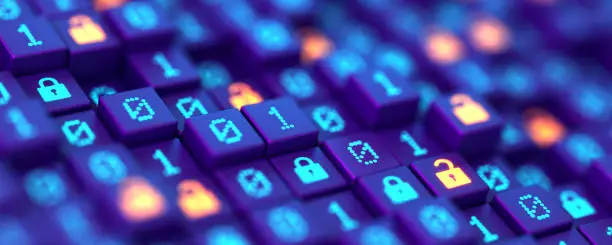 Photo of Encryption your data. Binary code and digital Lock. Hacker attack and data breach. Big data with encrypted computer code. Safe your data. Cyber internet security and privacy concept. Database storage 3d illustration