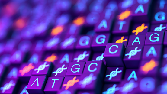 DNA strands and sequencing ATGC data background. Double helix structure. Nucleic acid sequence. Genetic research. 3d illustration.