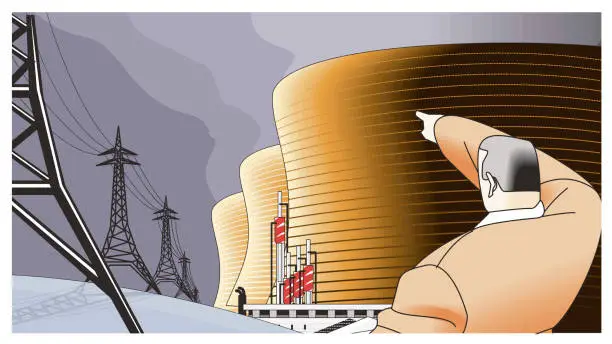 Vector illustration of investor businessman points to power plants