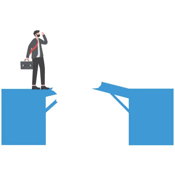 Vector illustration of Risky obstacle on a stock market. businessman standing on the edge of a broken bridge