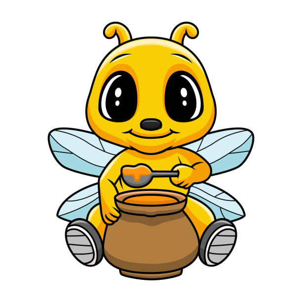 cartoon bee with honey pot - happiness white background eating flying点のイラスト素材／クリップアート素材／マンガ素材／アイコン素材