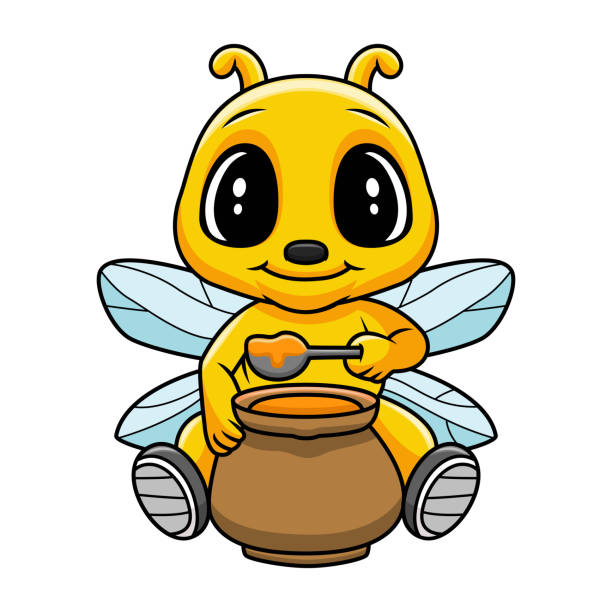 cartoon bee with honey pot - happiness white background eating flying stock illustrations