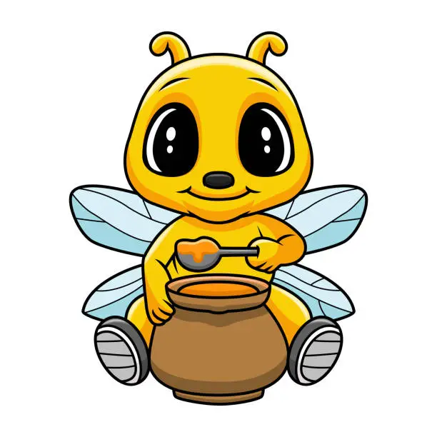 Vector illustration of Cartoon bee with honey pot