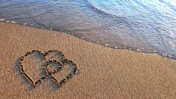 istock Two hearts drawn on brown sand of paradise beach 1952170573