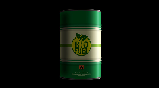 Biofuel crude brent petroleum fuel barrels in row concept. Sustainable energy and biodiesel oil industrial containers 3d illustration.