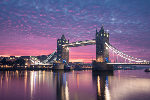 Tower Bridge at colorful dawn. Urban skyline of London, United Kingdom.