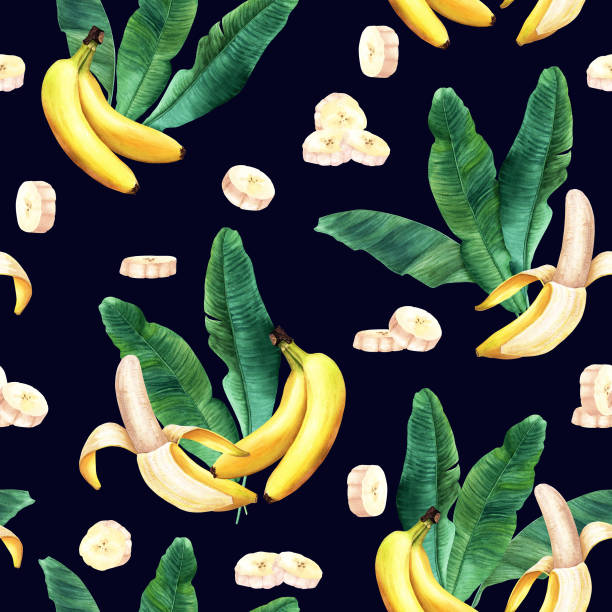ilustrações, clipart, desenhos animados e ícones de padrão sem costura em aquarela com folhas de bananeira e banana de fruta amarela descascada comestível. ilustração desenhada à mão. para embrulhar tecido de papel de parede têxtil. - banana peeled banana peel white background