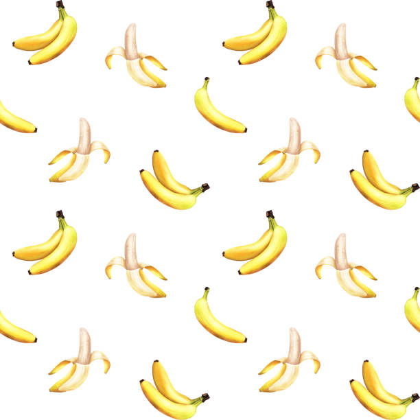 ilustrações, clipart, desenhos animados e ícones de padrão sem costura em aquarela com uma fruta amarela comestível, banana baga. ilustração desenhada à mão isolada no fundo branco. para embrulhar tecido de papel de parede têxtil. - banana peeled banana peel white background