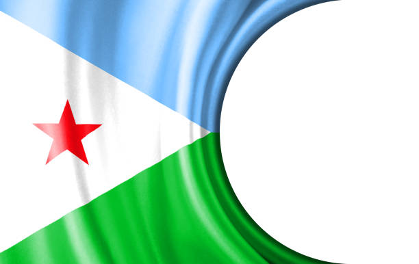 The national flag of Djibouti, featuring a light blue and green horizontal stripe with a white triangle on the left containing a red star, is shown waving in the wind. The textured fabric emphasizes its motion and symbolizes national pride and unity.