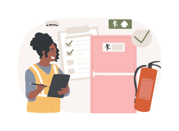 stockillustraties, clipart, cartoons en iconen met fire inspection isolated concept vector illustration. - arbeidsveiligheid