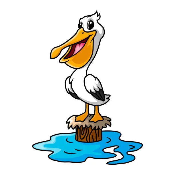 Vector illustration of Pelican cartoon a stand on the wood