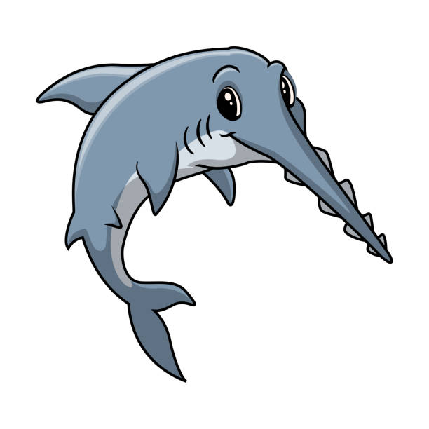 funny cute sawshark cartoon a smile - sand tiger shark stock-grafiken, -clipart, -cartoons und -symbole