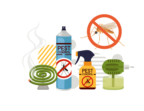 Collection of pest control insecticide spray electric and smoke vector illustration on white background