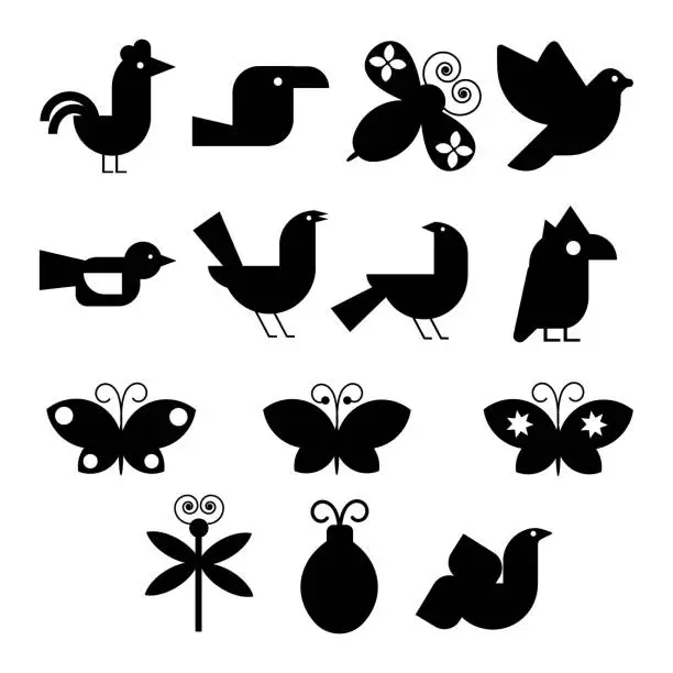 Vector illustration of Geometric modern Abstract birds butterflies silhouette. Bauhaus