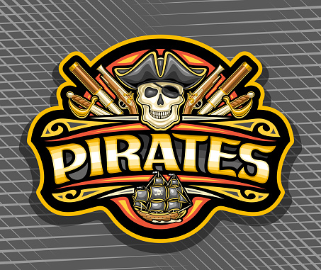 Vector logo for Pirates, black decorative tag with illustration of scary smiling pirate skull in old cap and eye patch for children party, dark creative mascot with text pirates on abstract background