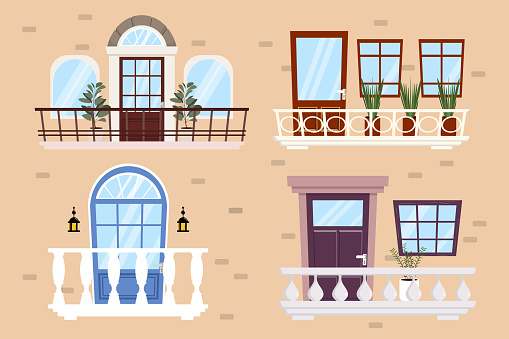 Vector illustration of beautiful elegant balconies. Cartoon scene of the facade of a house with balconies with balustrades, railings, windows, doors, green plants in pots, street lamps.