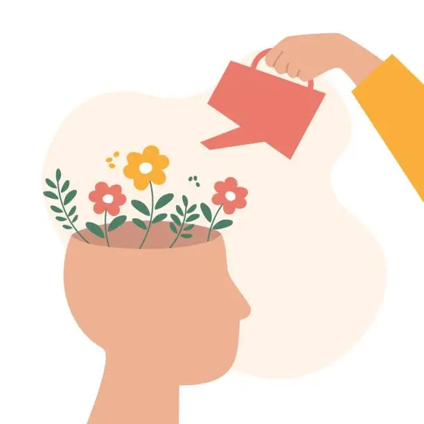 Vector illustration of Mental health care, psychological therapy concept. Human hand with watering can irrigates blossom flowers inside head