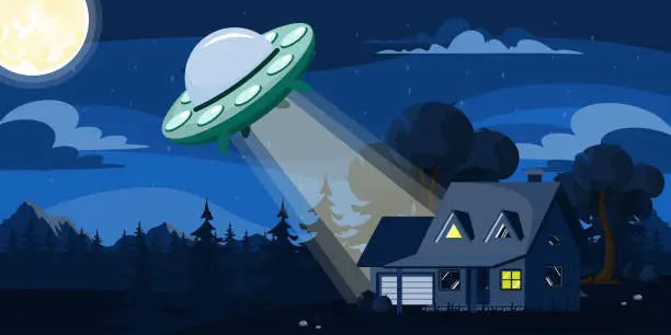 Vector illustration of Vector illustration of a night landscape with an alien UFO. Cartoon scene with a house in the forest and a UFO flying saucer, trees, Christmas trees, mountains, a full moon in the sky.