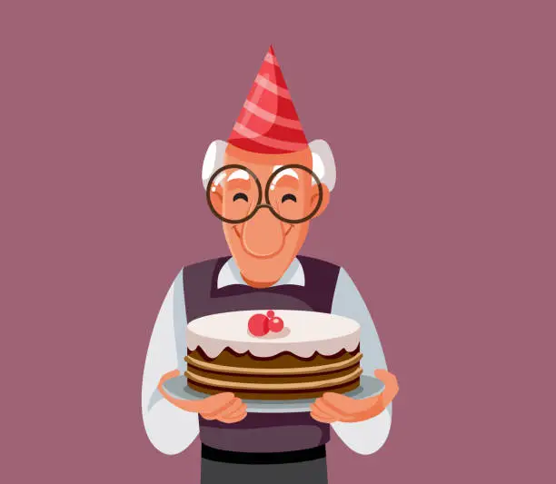 Vector illustration of Cheerful Grandpa Holding a Birthday Cake Vector Character Illustration