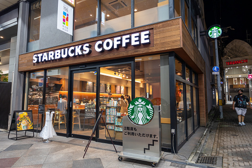 Kyoto, Japan - September 6, 2023 : Starbucks Coffee in Kyoto, Japan. Starbucks is the world's largest coffeehouse chain.