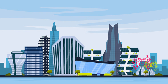 Vector illustration of a cityscape with modern buildings. Cartoon scene of a modern futuristic city with skyscrapers, green trees, mountains, a river and a reflection of the city in the water.