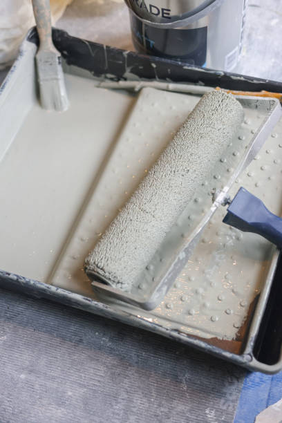 istock Paint roller and brush on a paint tray, ready for some home decorating and home improvement 1952226986
